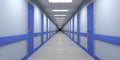 Hospital empty ward corridor with blue doors and finishes. 3d illustration