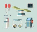 Hospital equipment. Medical items ambulance technology tomography dentistry ultrasound machines garish vector flat