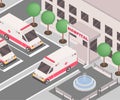 Hospital exterior isometric vector illustration. 3D ambulance cars parked outside clinic building, medical institution