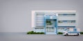Hospital front view exterior isolated on background with ambulance