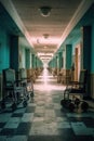 hospital hallway with empty beds and wheelchairs