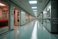 A hospital hallway stretching into the distance, with multiple open doors leading to patient rooms, Hospital surgery corridor, AI