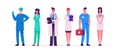 Hospital Healthcare Staff Set, Doctors in Medical Robe with Stethoscope Holding Notebook, Surgeon Character in Uniform