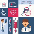 Hospital icons and stickers, vector illustration. Collage with health care symbols, doctor, wheelchair, syringe and