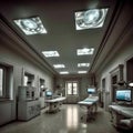 hospital illustration, futuristic hospital surgery room , clean and aseptic style, created with ai