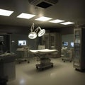 hospital illustration, futuristic hospital surgery room , clean and aseptic style, created with ai