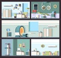 Hospital interior. Doctor office clinic cabinet with tomography machines ultrasound room garish vector flat pictures