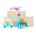 Hospital lettering, caring doctor, virus treatment, infectious disease, emergency, cartoon vector illustration, isolated