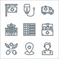 hospital line icons. linear set. quality vector line set such as doctor, location, pills, meds, tablets, hospital, ambulance,