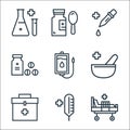 Hospital line icons. linear set. quality vector line set such as hospital bed, thermometer, medical box, pharmacy, transfusion, Royalty Free Stock Photo