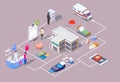 Hospital or medical clinic doctor office, drugstore isometric flowchart, vector flat illustration