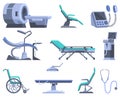 Hospital medical diagnostic equipment icon set. Clinic devices, health system or monitoring. Tomograph, scanner, xray Royalty Free Stock Photo