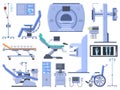 Hospital medical diagnostic healthcare equipment tools. Dentist chair, wheelchair, blood transfusion, cardiograph