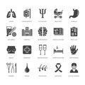 Hospital, medical flat glyph icons. Human organs, stomach, brain, flu, oncology, plastic surgery, psychology breast Royalty Free Stock Photo