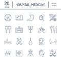 Hospital, medical flat line icons. Human organs, stomach, brain, flu, oncology, plastic surgery, psychology, breast