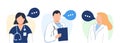 Hospital medical staff with speech bubbles. Male, female medicine workers. Doctor, surgeon, physician, paramedic, nurse. Royalty Free Stock Photo