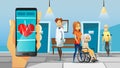 Hospital and old patients vector illustration of woman in wheelchair, man on crutch for doctor medical help cartoon