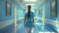 Hospital Orderly, Nurse Walking Down Bright Corridor