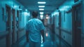 Hospital Orderly in Scrubs Walking Through Medical Corridor