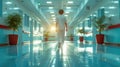 Hospital Orderly Walking Through Corridor at Sunrise