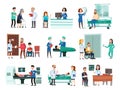 Hospital patients. Hospitalized patient on hospitals bed, nurse and doctor helping sick people isolated cartoon vector Royalty Free Stock Photo