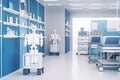 hospital pharmacy with medical robots delivering medications and supplies to patients