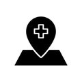 Hospital plus sign with map icon. Glyph icon style. suitable for hospital location icon. icon related to healthcare and medical. Royalty Free Stock Photo