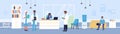 Hospital reception vector illustration, cartoon flat doctor character team, man patient waiting in hospital hall Royalty Free Stock Photo