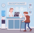 Hospital receptionist giving old man nformation, checking in for appointment Royalty Free Stock Photo