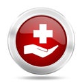 Hospital red glossy vector icon, healthcare concept silver metallic round web button Royalty Free Stock Photo