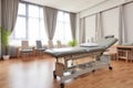 A hospital room with a bed and chairs for patient care and comfort., Modern rehabilitation physiotherapy, AI Generated