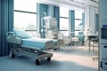 Hospital Room With Bed and Medical Equipment, Interior of a modern hospital room equipped with medical equipment, 3D rendering, AI