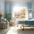 A hospital room with a blue bed and a blue blanket on the bed and othe interior