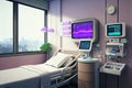 hospital room with high-tech equipment, including advanced monitoring devices and specialized medication