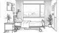 Hospital Room Sketch - Patient Bed, Window View, Nightstand, Medical Equipment Royalty Free Stock Photo