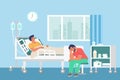 Hospital room, sick patient lying in bed and getting iv therapy, flat vector illustration. Patient health care.