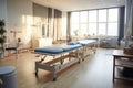 A hospital room with three beds and a potted plant, providing a calm and comfortable healing environment., Modern rehabilitation