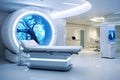 A hospital room with a tree in the window, providing a healing environment with calming natural light, High-tech modern CT scan