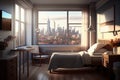 a hospital room with a view of the city, featuring an expansive and bustling skyline