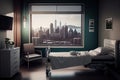 a hospital room with a view of the city, featuring an expansive and bustling skyline