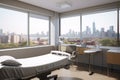hospital room, with view of city skyline, providing a sense of hope and healing