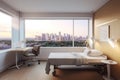 hospital room, with view of city skyline, providing a sense of hope and healing