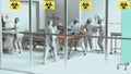 Hospital scene, hospitalization for emergency contagion risk. Coronavirus. Doctors in protective suits and masks to cover the face