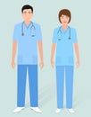 Hospital staff concept. Couple of man orderly and woman nurse.