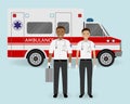 Hospital staff concept. Paramedics ambulance team on ambulance car background. Emergency medical serviice employee.