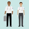Hospital staff concept. Paramedics ambulance team. Male and female emergency medical serviice employee.