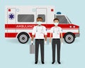 Hospital staff concept. Paramedics ambulance team with medical protection masks on ambulance car background