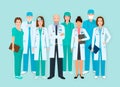 Hospital staff. Group of eight men and women doctors and nurses characters standing together. Medical people. Royalty Free Stock Photo