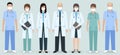 Hospital staff. Set of seven men and women doctors and nurses with medical protective masks. Medical people Royalty Free Stock Photo