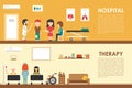 Hospital Therapy flat medical hospital interior concept web vector illustration. Doctor, Patients, Queue, Medicine